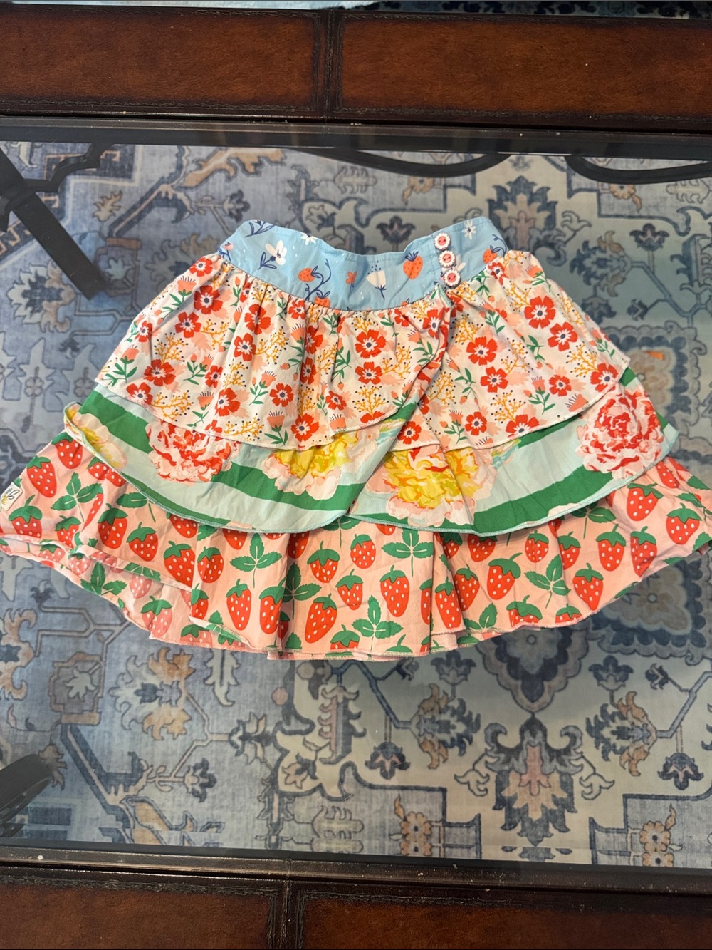 Wild Flowers Gurls Pink, Blue & Green Floral and Strawberry Tiered Skirt